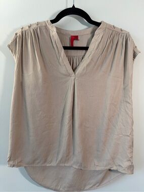 5/48 Taupe Cap-Sleeve V-Neck Blouse with Shoulder Button Detail